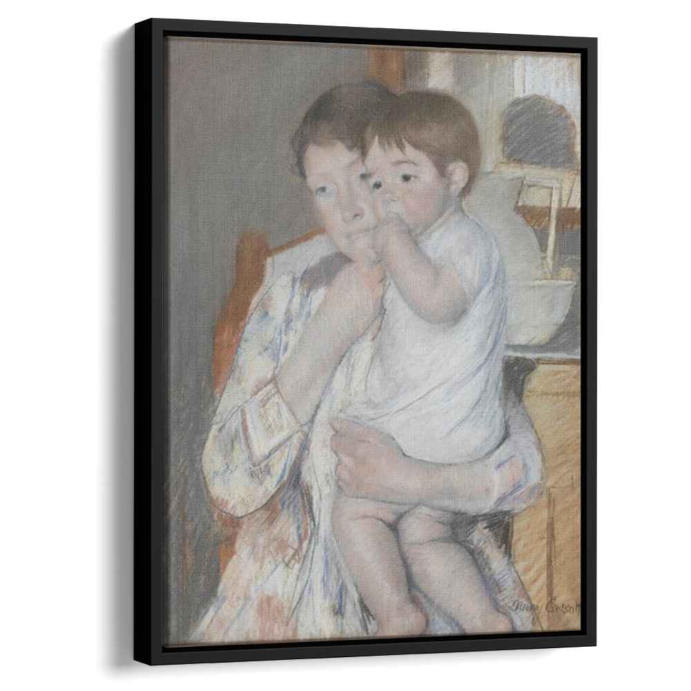Woman and child in front of a shelf which are placed a jug and basin 1889 by Mary Cassatt by Mary Cassatt - Impressionist canvas print